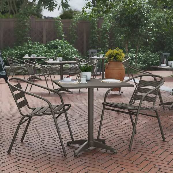 Lila 27.5in Bronze Square Aluminum Indoor-Outdoor Table Set with 2 Bronze Slat Back Chairs, Flash Furniture, Mfr#: TLH-ALUM-28SQ-017BZ2-GG